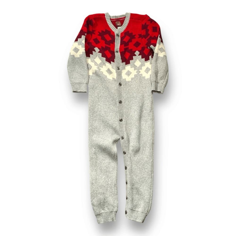 Tea Collection Nordic Knit Jumpsuit Gray Red Fair Isle 18 24 Months Unisex Cozy